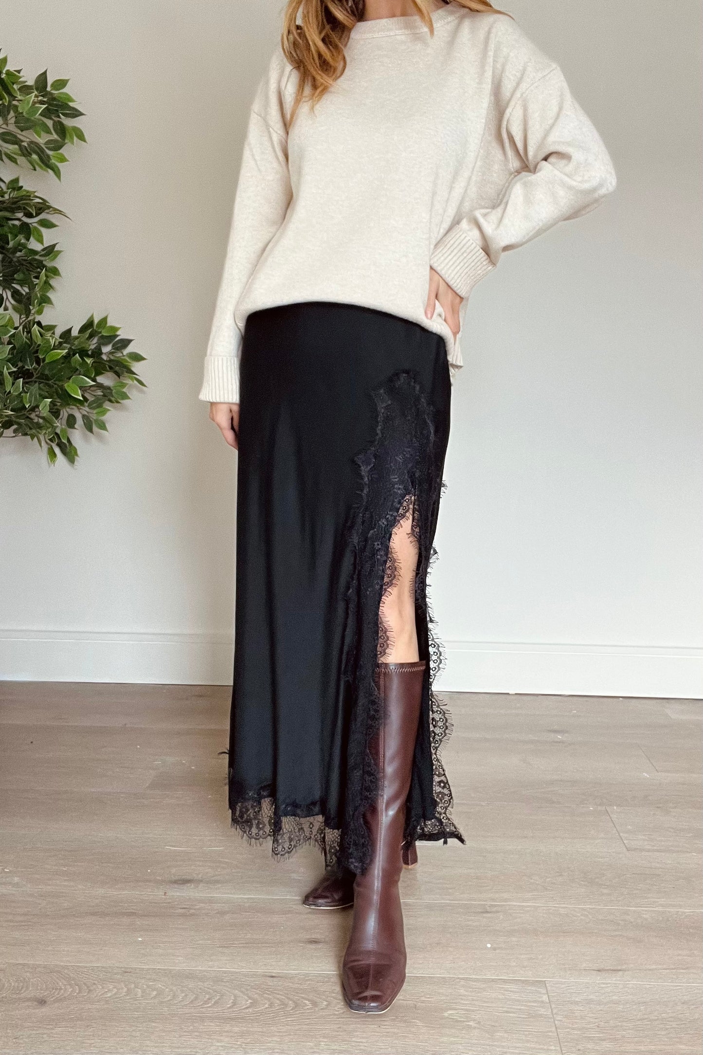 Satin Skirt With Lace Detail and Split