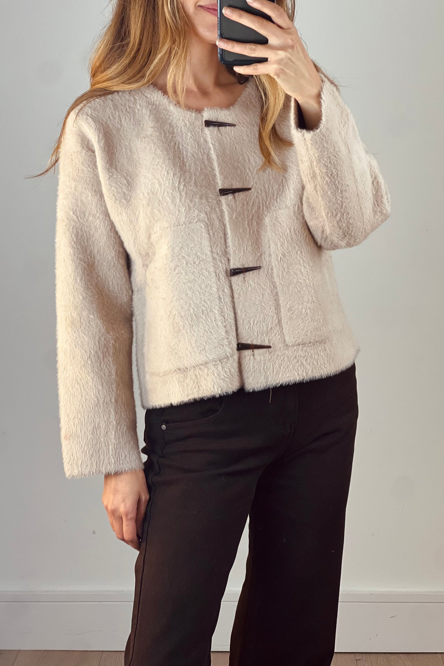 Fluffy Toggle Cardigan in Beige