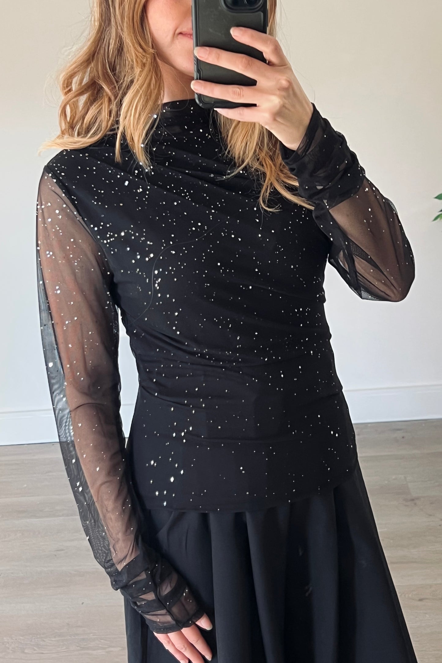 Black Drape Detail Sparkle Top