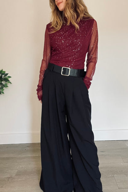 Mesh Drape Detail Sparkle Top in Burgundy