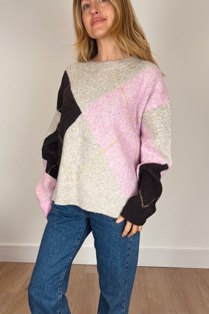 Soft Argyle Knit Jumper in Pale Pink
