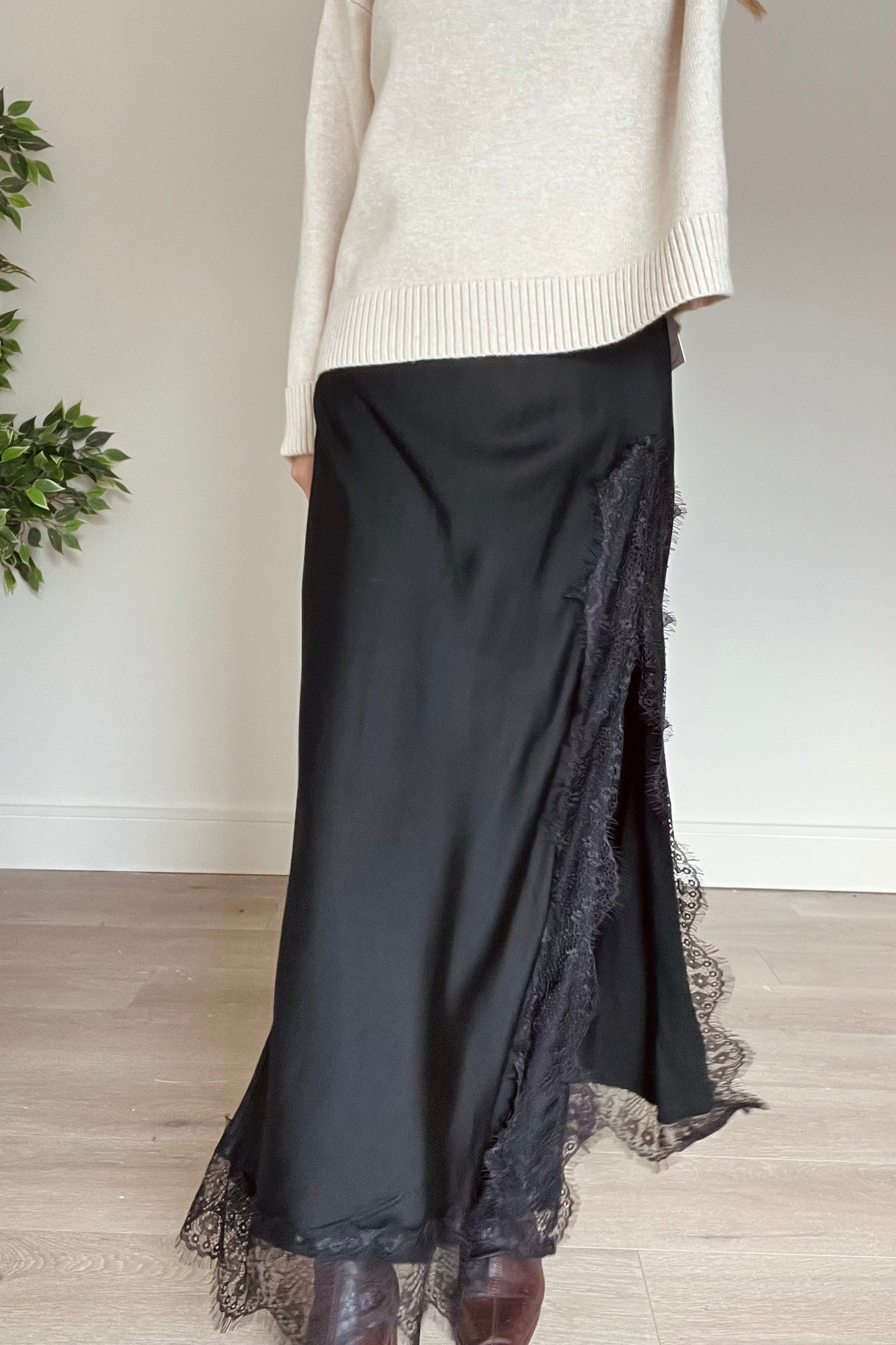 Satin Skirt With Lace Detail and Split