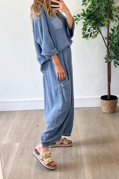 Linen Blend Barrel Trousers in Navy
