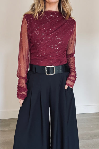 Mesh Drape Detail Sparkle Top in Burgundy