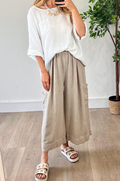Linen Blend Cropped Wide leg Trousers