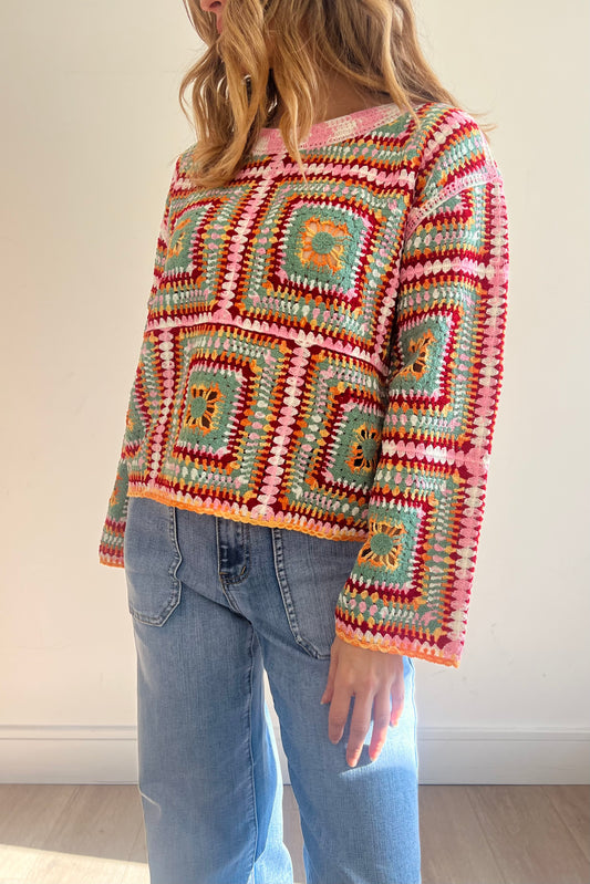 Multi Coloured Crochet Long Sleeve Top