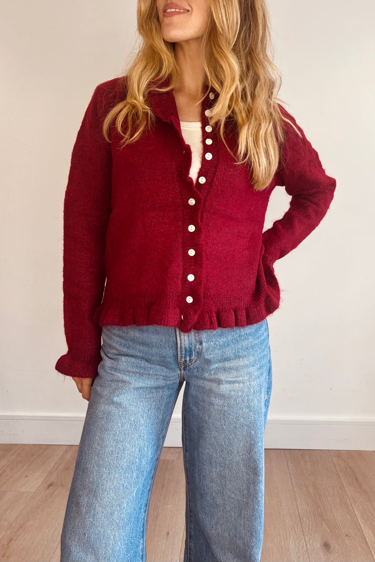 Soft Burgundy Frill Trim Cardigan