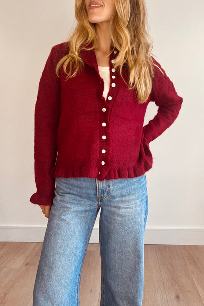 Soft Burgundy Frill Trim Cardigan