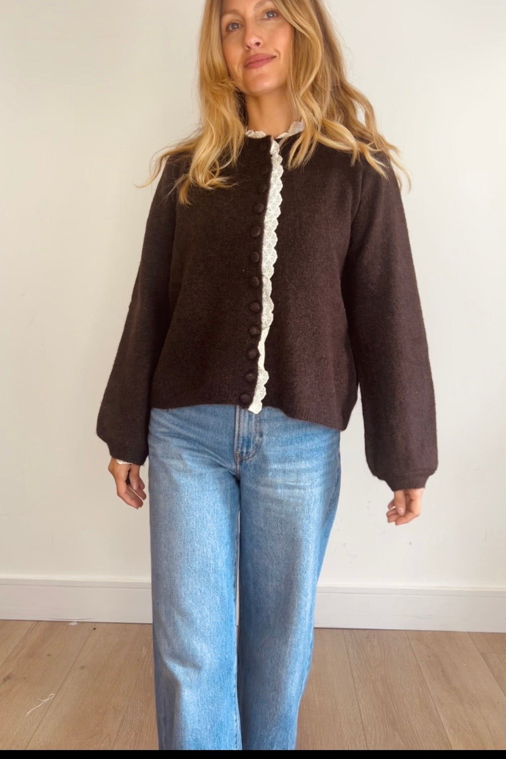 Soft Knit Lace Trim Cardigan in Chocolate
