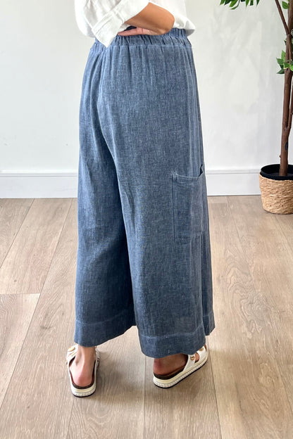 Linen Blend Wide Leg Cropped Trousers in Navy