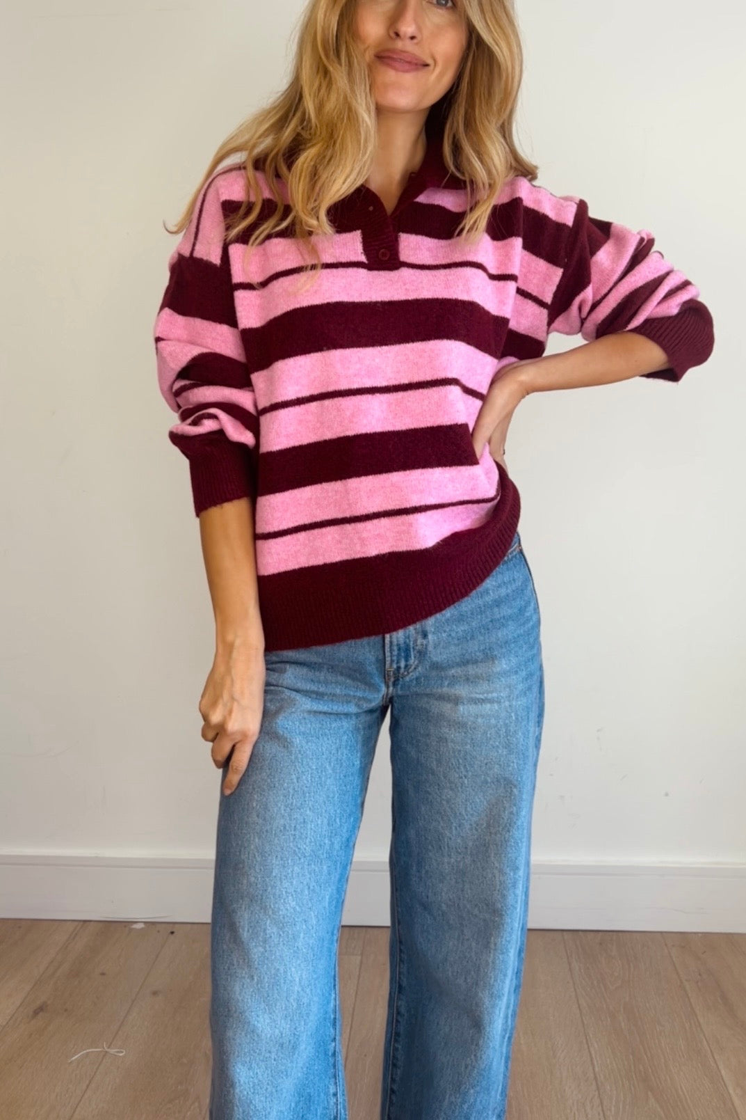 Red/Pink Stripe Polo Style Jumper