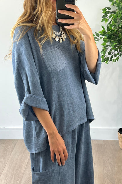 Linen Blend Pocket Top in Navy
