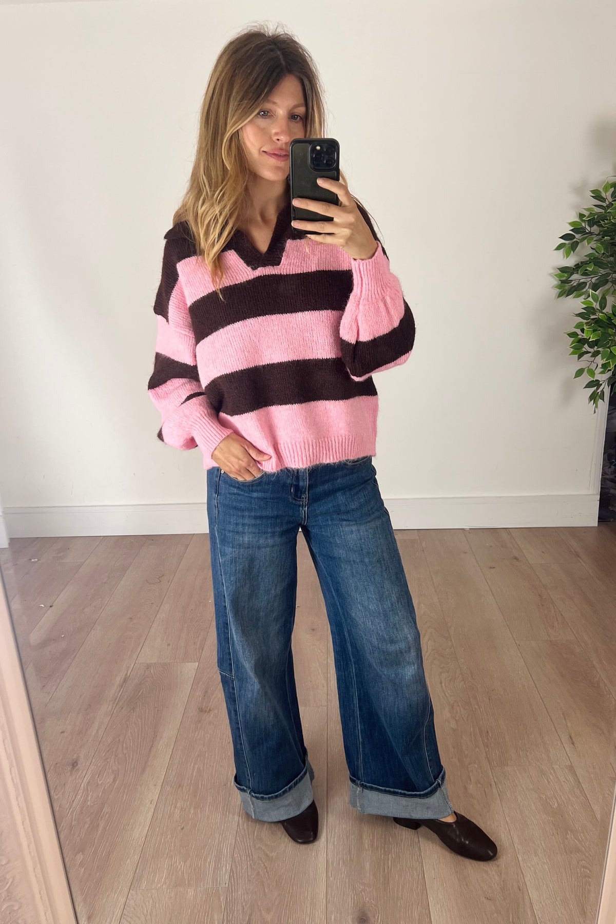 Pink/Brown Knit Jumper With Collar