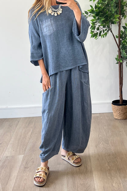 Linen Blend Barrel Trousers in Navy
