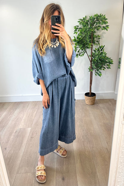 Linen Blend Pocket Top in Navy