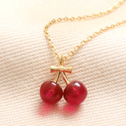 Red Cherry Bead Pendant Necklace in Gold