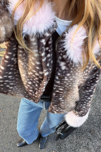 Fawn Print Fur Jacket in Brown/Pink
