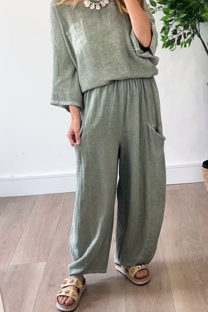 Linen blend Barrel Trousers in Khaki