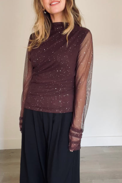 Mesh Drape Detail Sparkle Top in Brown
