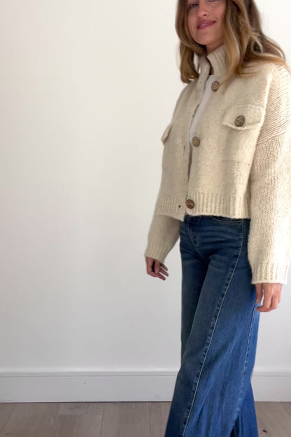 Chunky Knit Crop Cardigan in Cream
