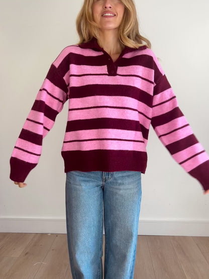 Red/Pink Stripe Polo Style Jumper