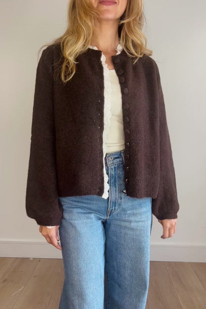 Soft Knit Lace Trim Cardigan in Chocolate
