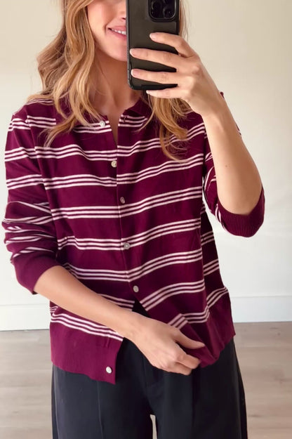 Burgundy Stripe Button Down Jumper With Collar