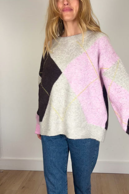 Soft Argyle Knit Jumper in Pale Pink