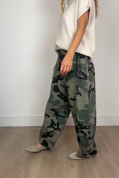 Khaki Camouflage Print Barrel Trousers