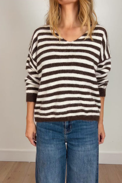 Knitted Stripe V Neck Jumper