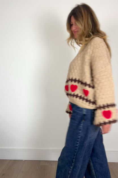 Beige Chunky Knit Jumper With Red Heart Detail
