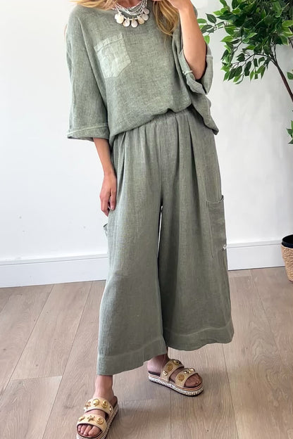 Linen Blend Cropped Wide Leg Trousers in Khaki