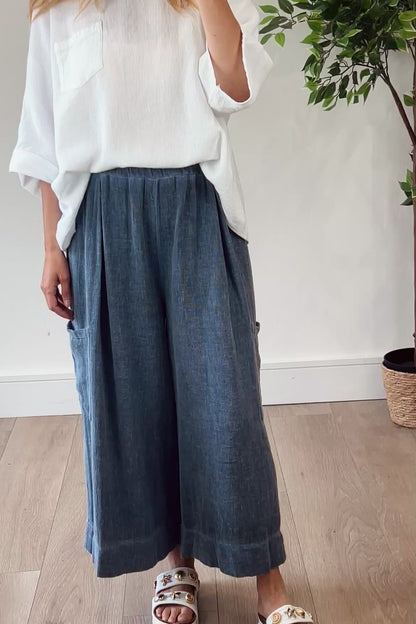 Linen Blend Wide Leg Cropped Trousers in Navy