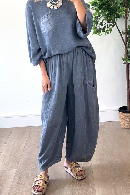 Linen Blend Barrel Trousers in Navy