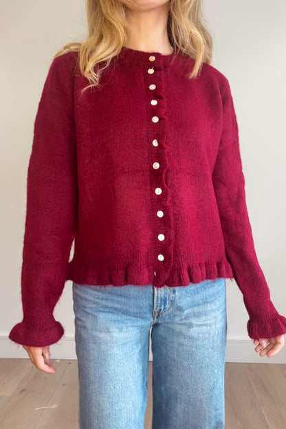 Soft Burgundy Frill Trim Cardigan