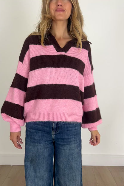 Pink/Brown Knit Jumper With Collar