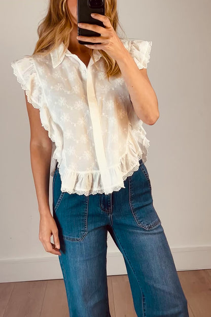 White Embroidered Ruffle Blouse