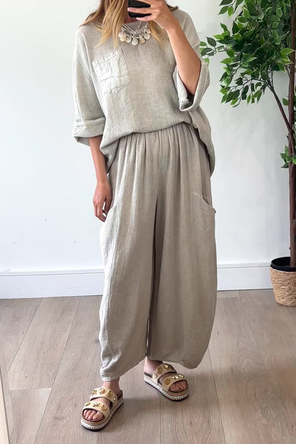Washed Linen Barrel Trousers in Natural