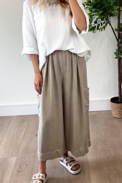 Linen Blend Cropped Wide leg Trousers