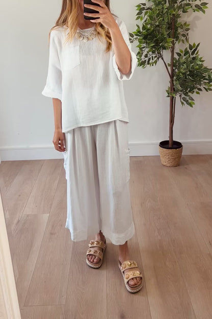 Linen Blend Cropped Wide leg Trousers