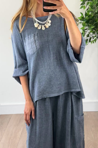 Linen Blend Pocket Top in Navy
