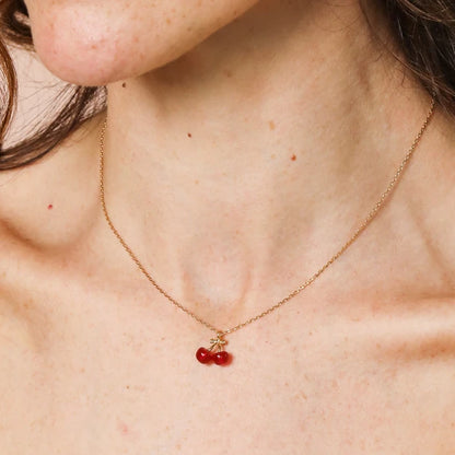 Red Cherry Bead Pendant Necklace in Gold