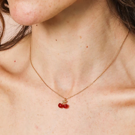 Red Cherry Bead Pendant Necklace in Gold