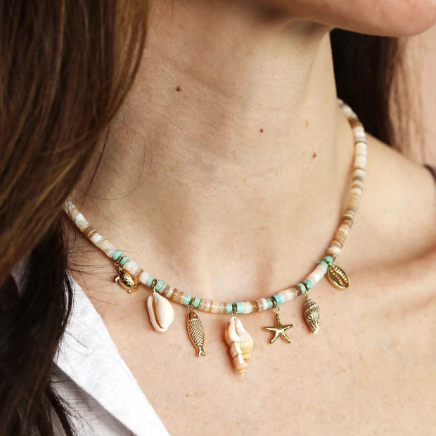 Stainless Steel Summer Shell Charm Necklace in Gold